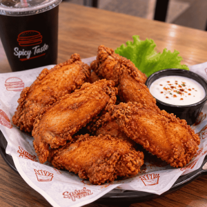 Golden crispy fried chicken wings served with creamy dipping sauce at Spicy Taste.